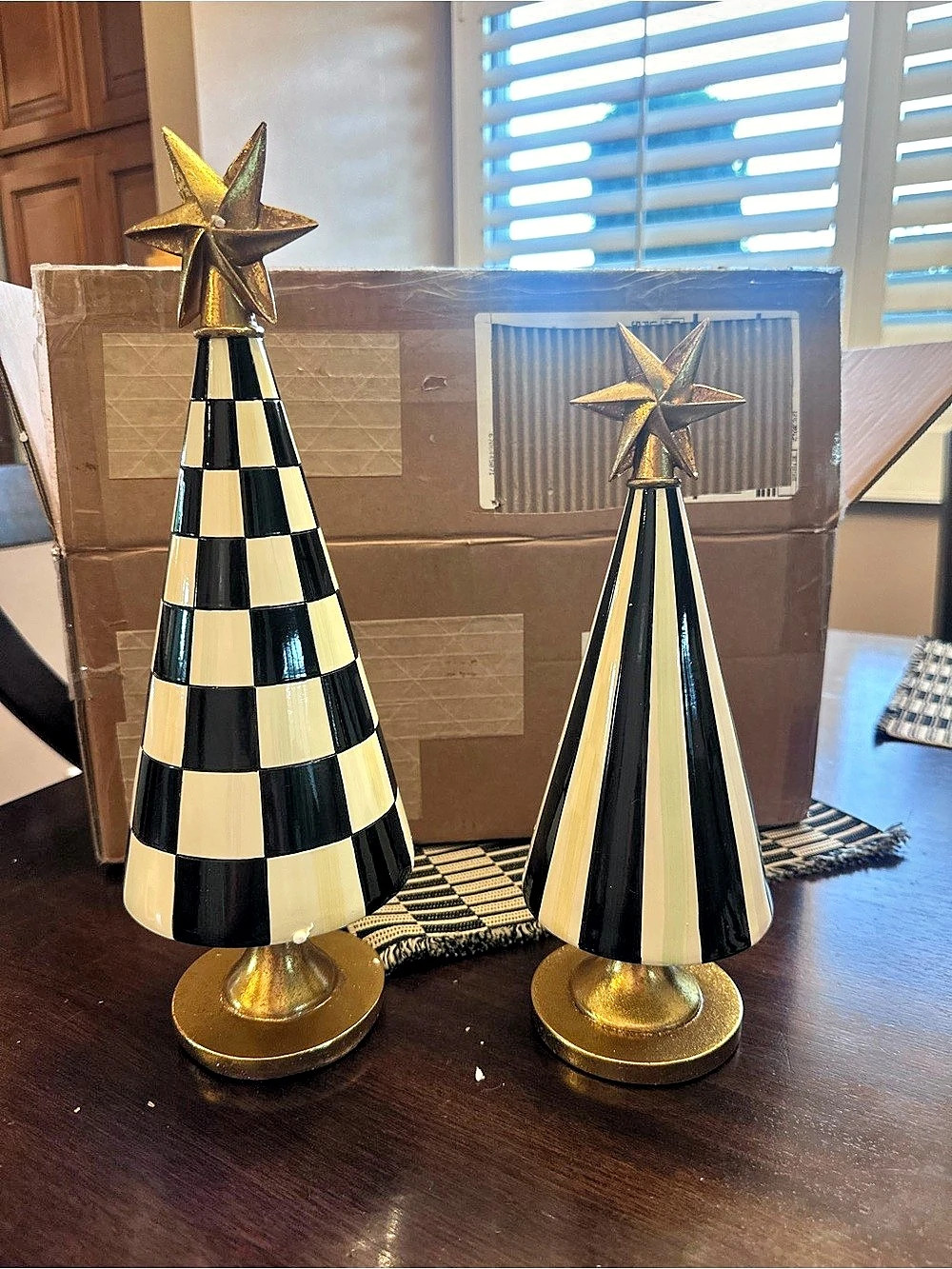 MacKenzie-Childs Set of 2 Check & Stripe Trees Black & Gold